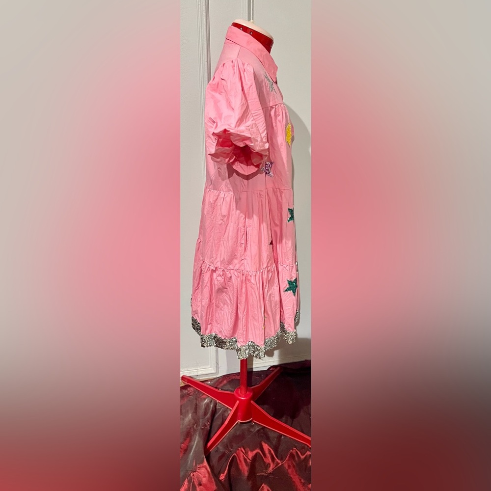 Peach Love California Pink Baby Doll Dress Sequin patches & sequin hem sz L - Picture 9 of 14